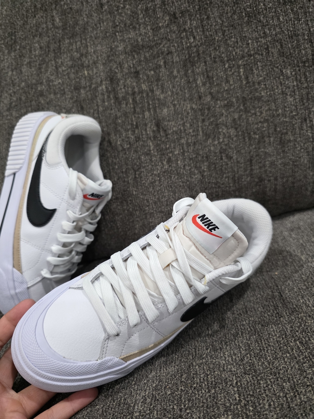 Nike White Platform Sneakers with Black Swoosh and Beige Trim - Picture 3 of 9